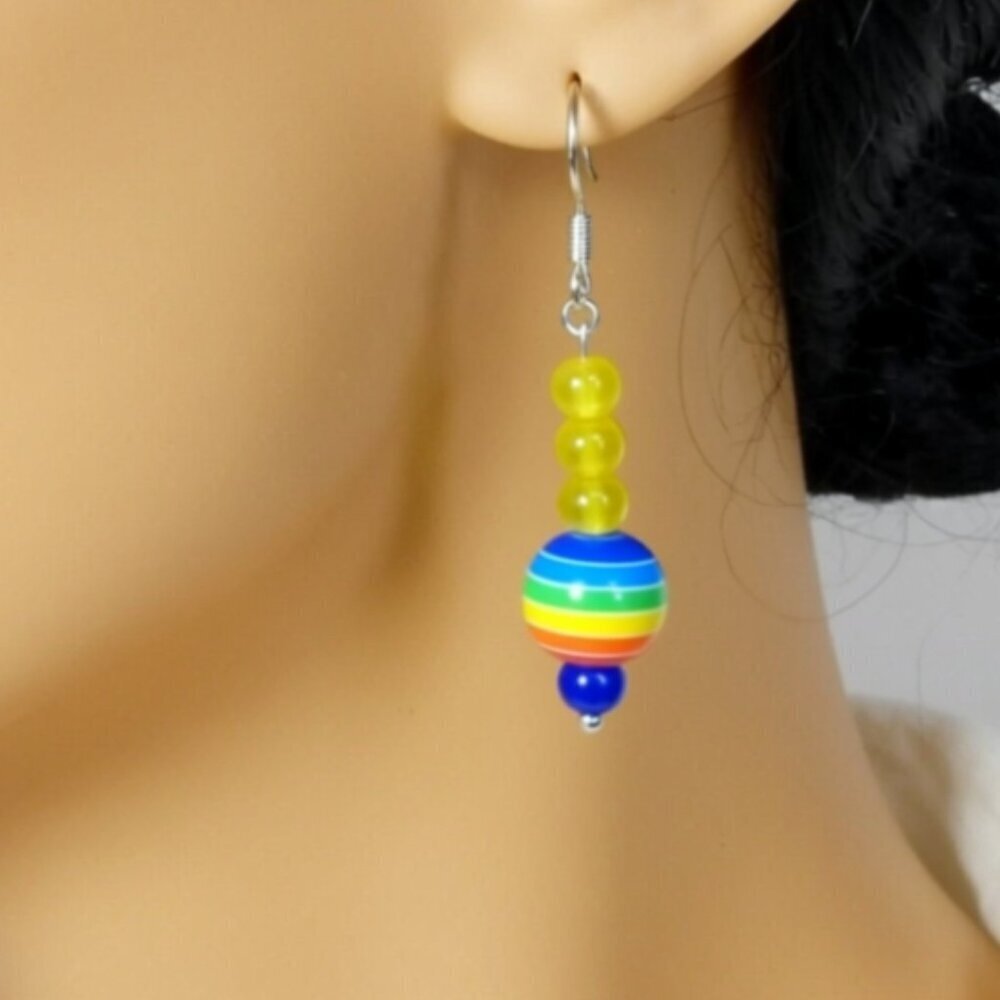 Rainbow Colors Gay Pride LGBTQ Round glass beads with Sterling Silver hooks -NWT
